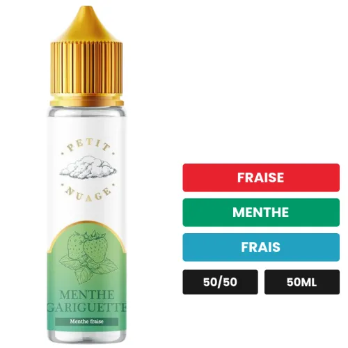 E-liquide Menthe Gariguette de Petit Nuage, 50 ml, saveurs fraise, menthe et frais.