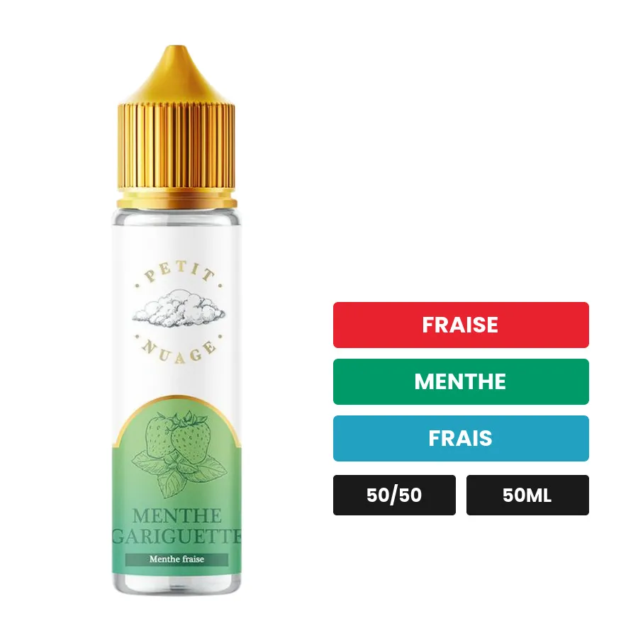 E-liquide Menthe Gariguette de Petit Nuage, 50 ml, saveurs fraise, menthe et frais.