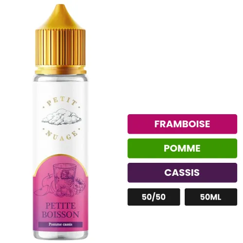 E-liquide Petite Boisson de Petit Nuage, 50 ml, saveurs framboise, pomme et cassis.