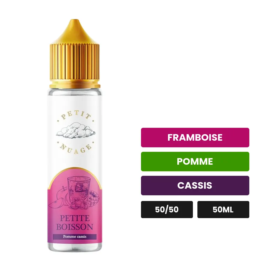 E-liquide Petite Boisson de Petit Nuage, 50 ml, saveurs framboise, pomme et cassis.