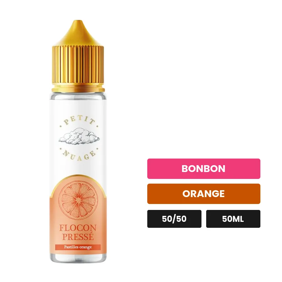 E-liquide Flocon Pressé de Petit Nuage, 50 ml, saveurs bonbon et orange.