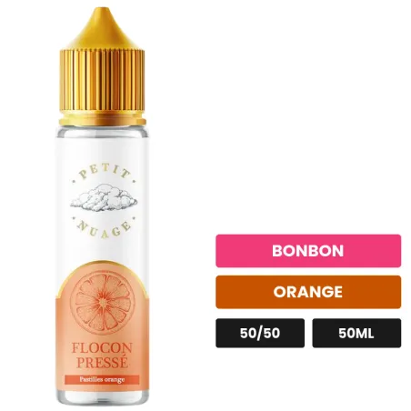 E-liquide Flocon Pressé de Petit Nuage, 50 ml, saveurs bonbon et orange.
