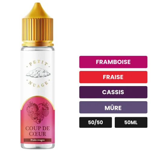 E-liquide Coup De Cœur de Petit Nuage, 50 ml, saveurs framboise, fraise, cassis et 2 autres.