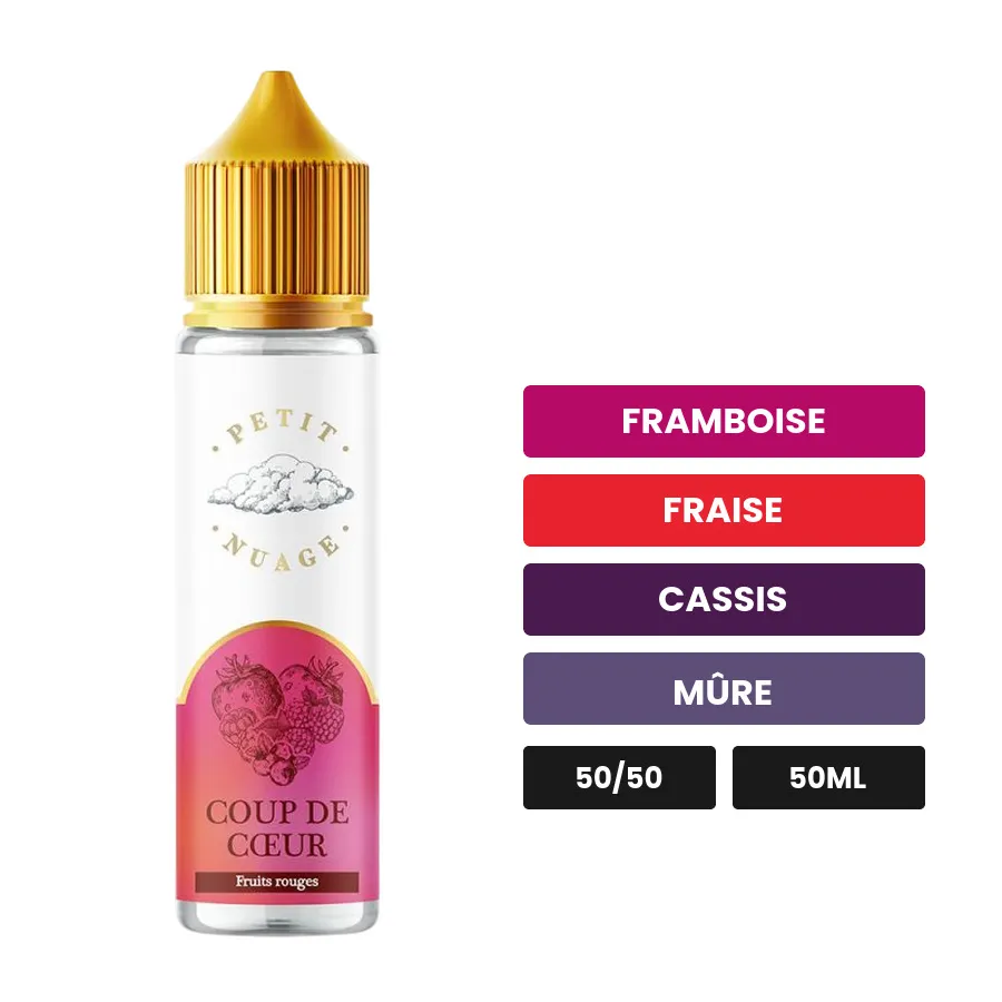 E-liquide Coup De Cœur de Petit Nuage, 50 ml, saveurs framboise, fraise, cassis et 2 autres.
