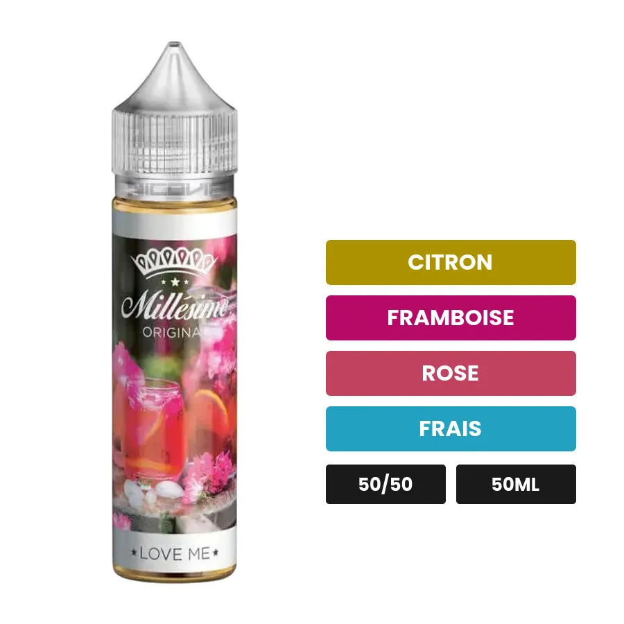E-liquide Love Me Millésime d'Original, 50 ml, saveurs citron, framboise, rose et 1 autre.