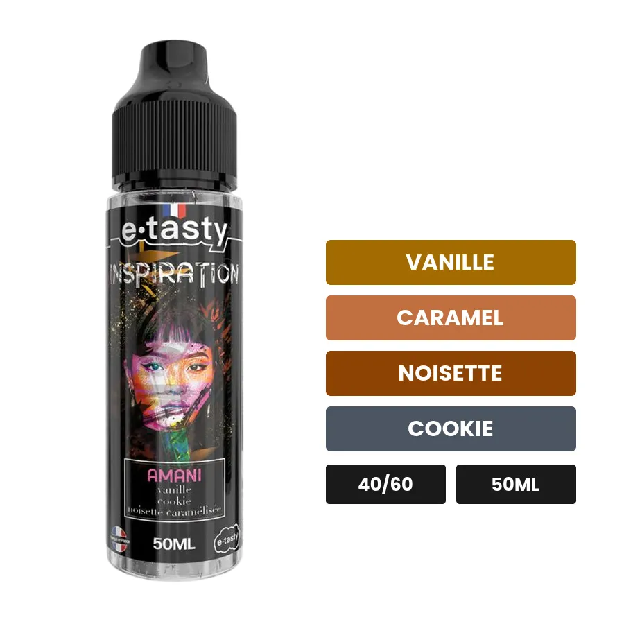 E-liquide Amani Inspiration d'E.Tasty, 50 ml, saveurs vanille, caramel, noisette et 1 autre.