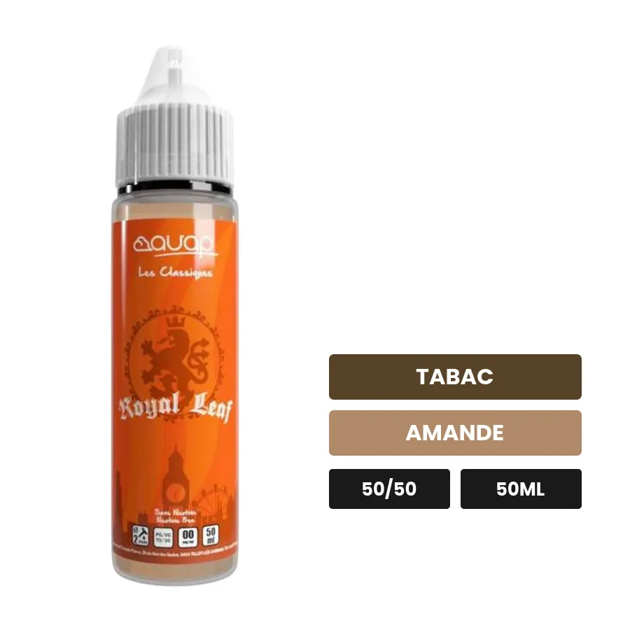 E-liquide Royal Leaf d'Avap, 50 ml, saveurs tabac et amande.