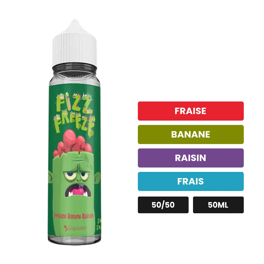 E-liquide Fraise Banane Raisin Fizz & Freeze de Liquideo, 50 ml, saveurs fraise, banane, raisin et 1 autre.