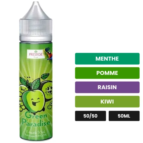 E-liquide Green Paradise Oasis de Prestige Fruits, 50 ml, saveurs menthe, pomme, raisin et 2 autres.