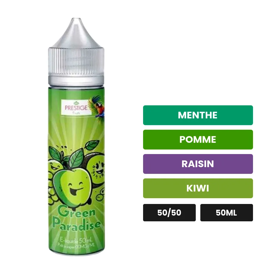 E-liquide Green Paradise Oasis de Prestige Fruits, 50 ml, saveurs menthe, pomme, raisin et 2 autres.