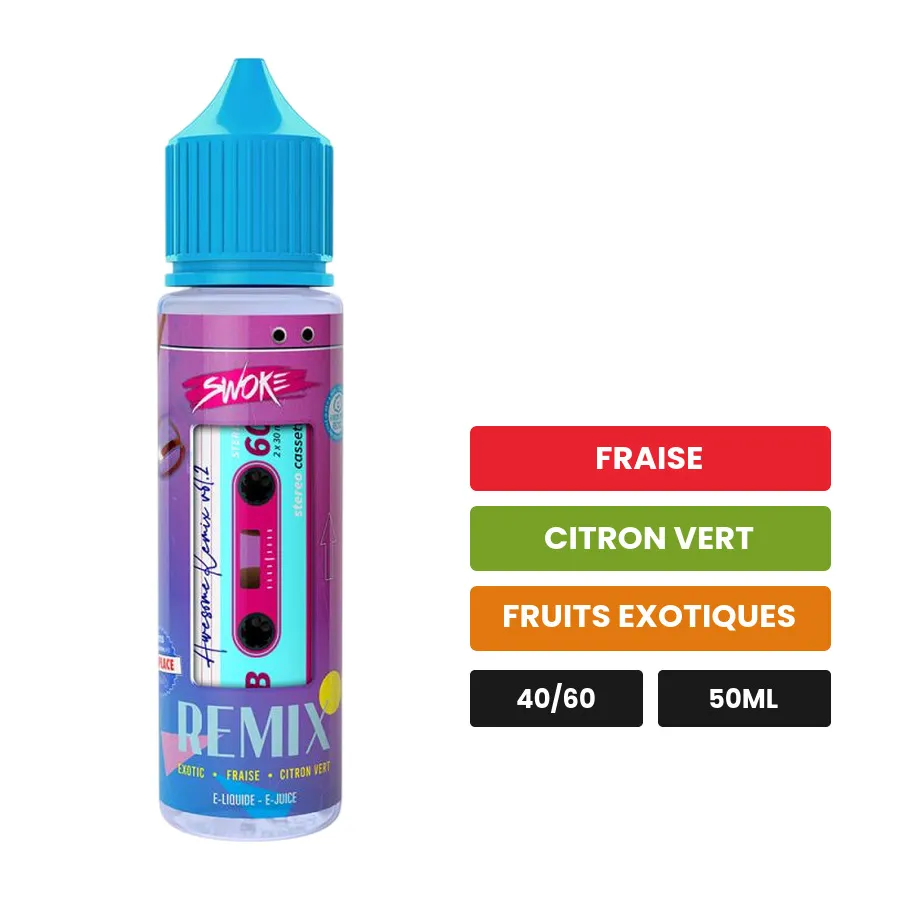 E-liquide Remix de Swoke, 50 ml, saveurs fraise, citron vert et fruits exotiques.