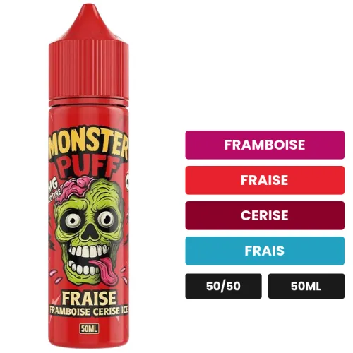 E-liquide Fraise Framboise Cerise Ice de Monster Puff, 50 ml, saveurs framboise, fraise, cerise et 1 autre.