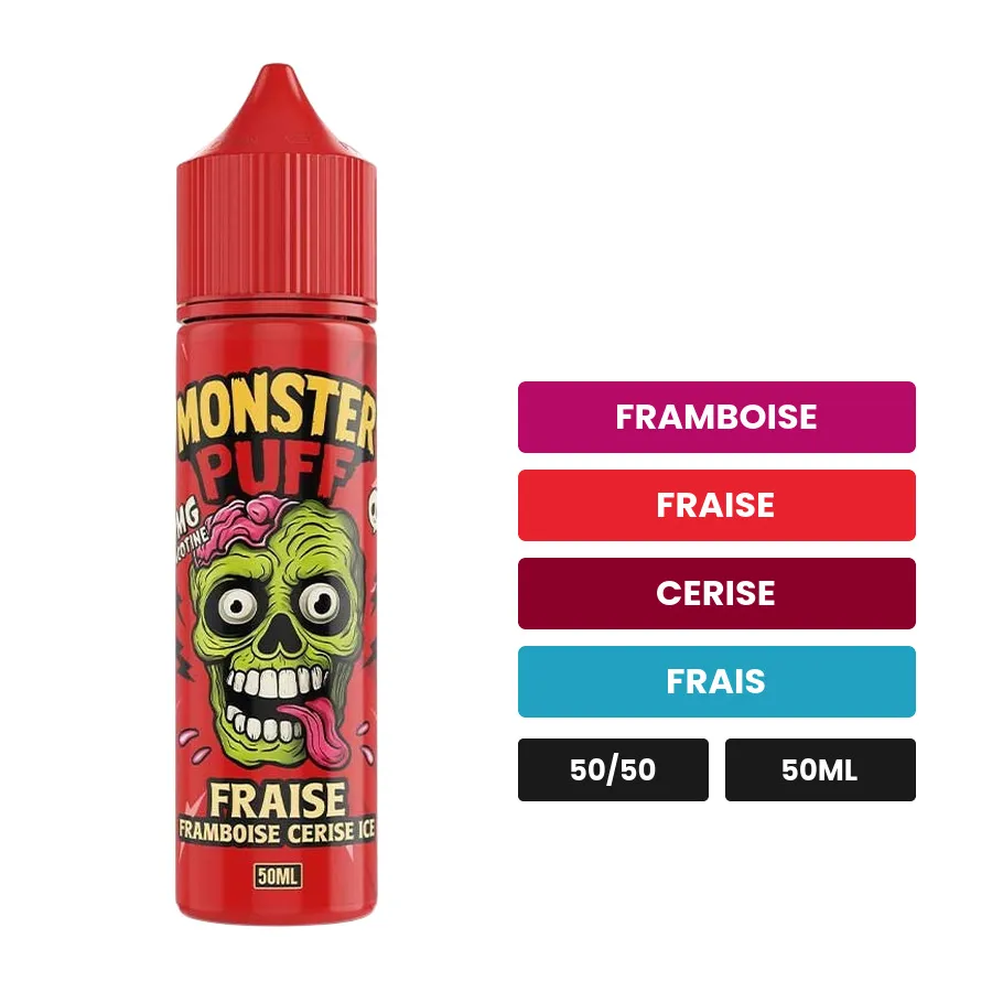E-liquide Fraise Framboise Cerise Ice de Monster Puff, 50 ml, saveurs framboise, fraise, cerise et 1 autre.
