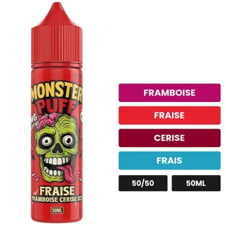 E-liquide Fraise Framboise Cerise Ice de Monster Puff, 50 ml, saveurs framboise, fraise, cerise et 1 autre.