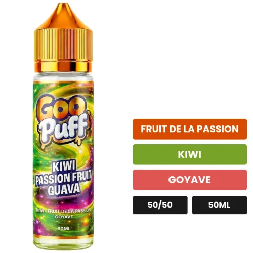 E-liquide Goo Puff Kiwi Passion Fruit Guava de Goo Puff 50ml, 50 ml, saveurs fruit de la passion, kiwi et goyave.