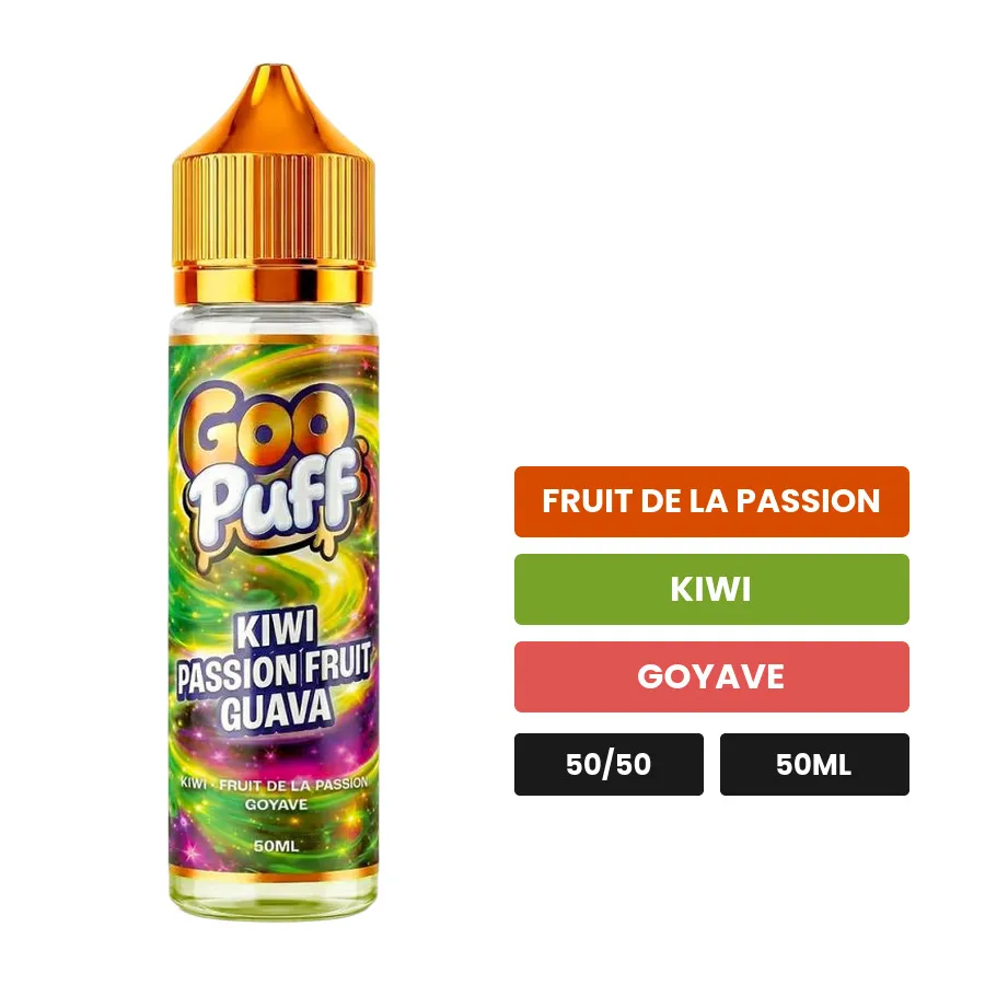 E-liquide Goo Puff Kiwi Passion Fruit Guava de Goo Puff 50ml, 50 ml, saveurs fruit de la passion, kiwi et goyave.