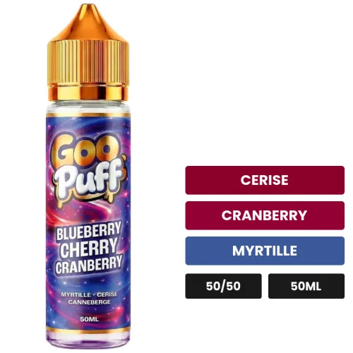 E-liquide Blueberry Cherry Cranberry Goo Puff de Goo Puff 50ml, 50 ml, saveurs cerise, cranberry et myrtille.