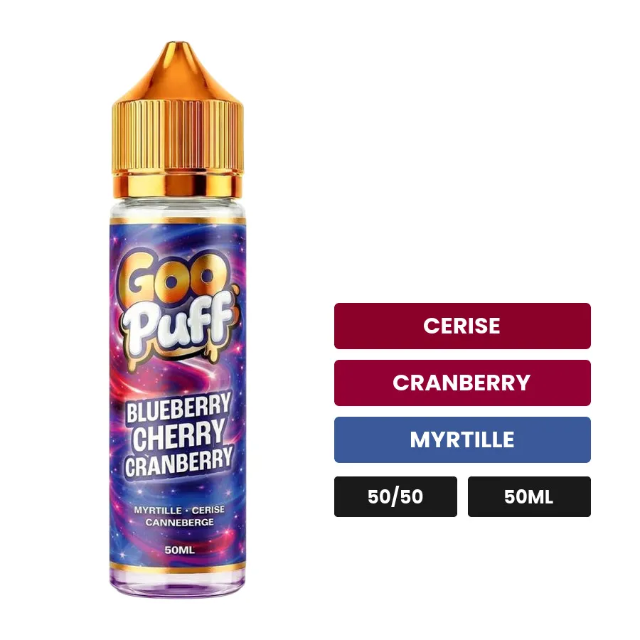 E-liquide Blueberry Cherry Cranberry Goo Puff de Goo Puff 50ml, 50 ml, saveurs cerise, cranberry et myrtille.