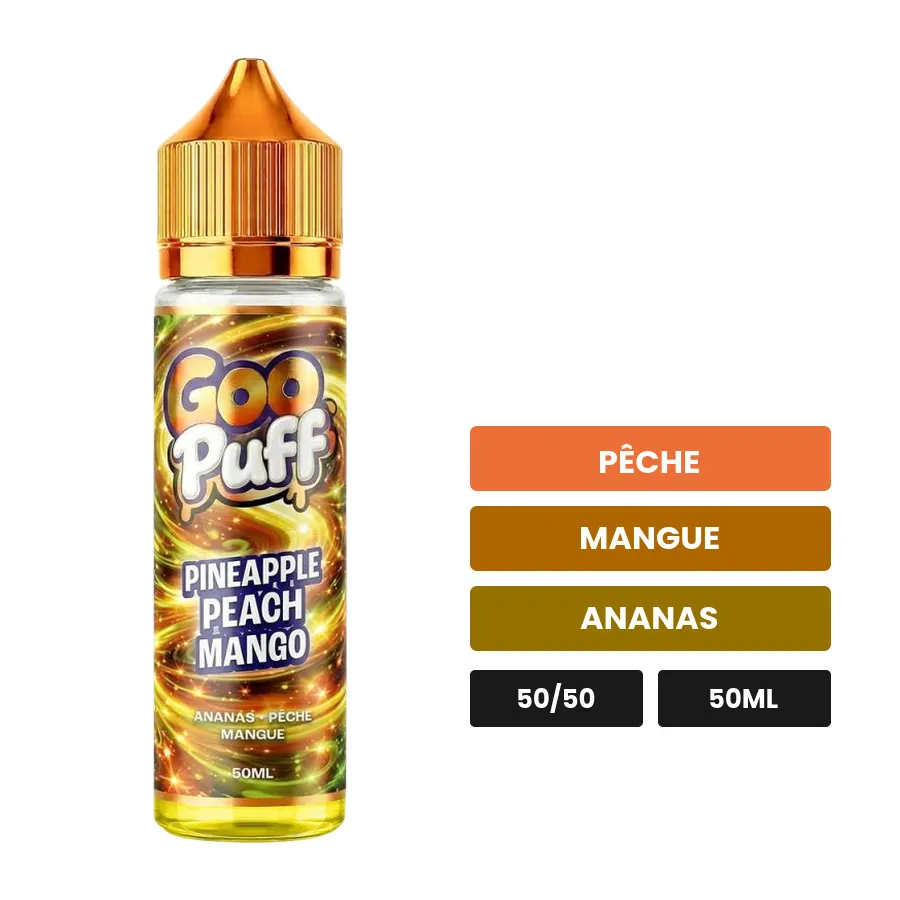 E-liquide Goo Puff Pineapple Peach Mango de Goo Puff 50ml, 50 ml, saveurs pêche, mangue et ananas.