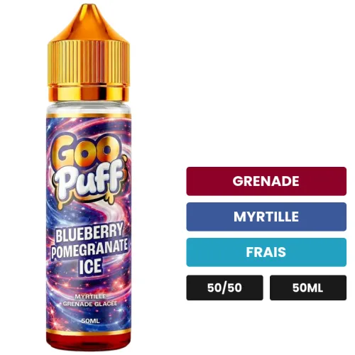 E-liquide Goo Puff Blueberry Pomegranate Ice de Goo Puff 50ml, 50 ml, saveurs grenade, myrtille et frais.