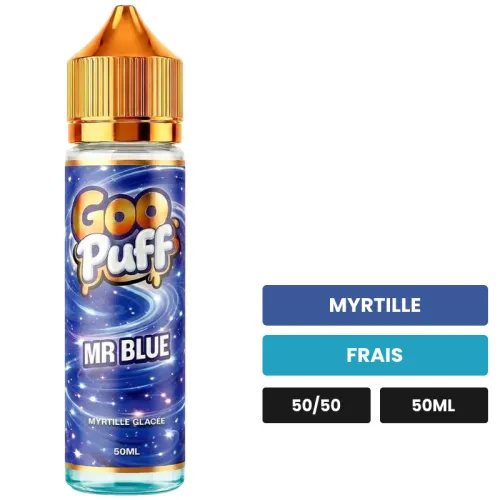 E-liquide Goo Puff Mr Blue de Goo Puff 50ml, 50 ml, saveurs myrtille et frais.
