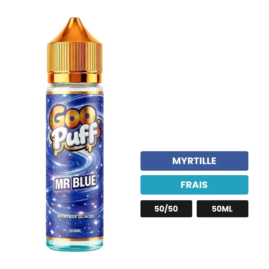 E-liquide Goo Puff Mr Blue de Goo Puff 50ml, 50 ml, saveurs myrtille et frais.