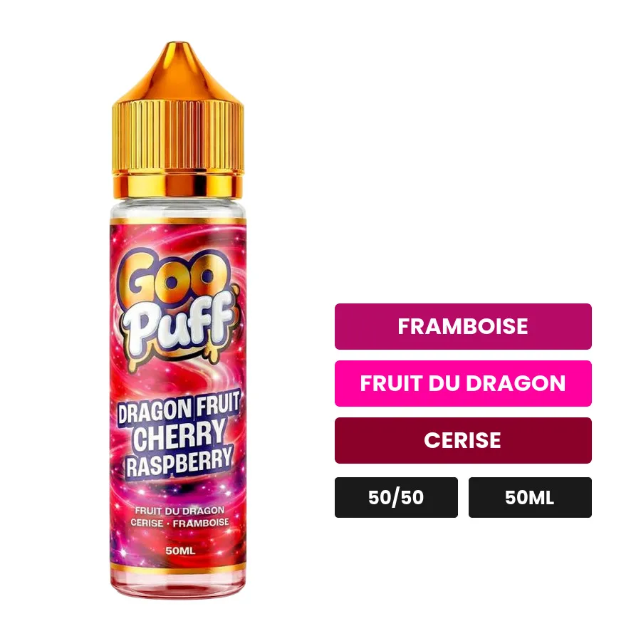 E-liquide Goo Puff Dragon Fruit Cherry Raspberry de Goo Puff 50ml, 50 ml, saveurs framboise, fruit du dragon et cerise.