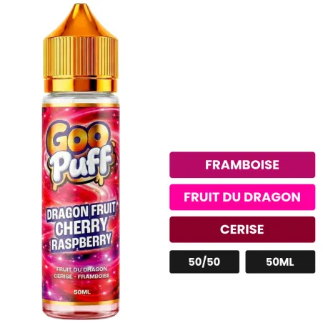 E-liquide Goo Puff Dragon Fruit Cherry Raspberry de Goo Puff 50ml, 50 ml, saveurs framboise, fruit du dragon et cerise.