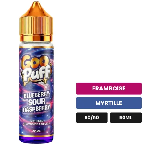 E-liquide Goo Puff Blueberry Sour Raspberry de Goo Puff 50ml, 50 ml, saveurs framboise et myrtille.