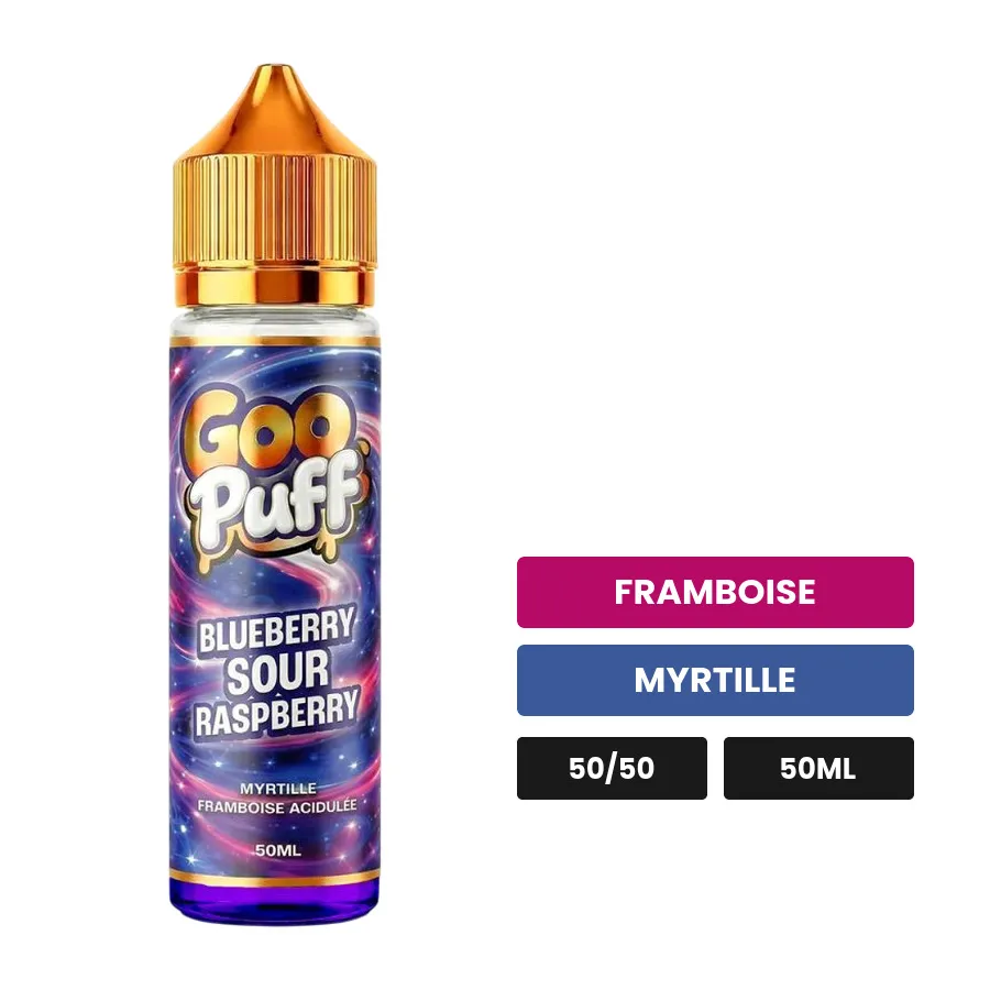 E-liquide Goo Puff Blueberry Sour Raspberry de Goo Puff 50ml, 50 ml, saveurs framboise et myrtille.