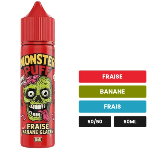 E-liquide Fraise Banane Glacée de Monster Puff, 50 ml, saveurs fraise, banane et frais.