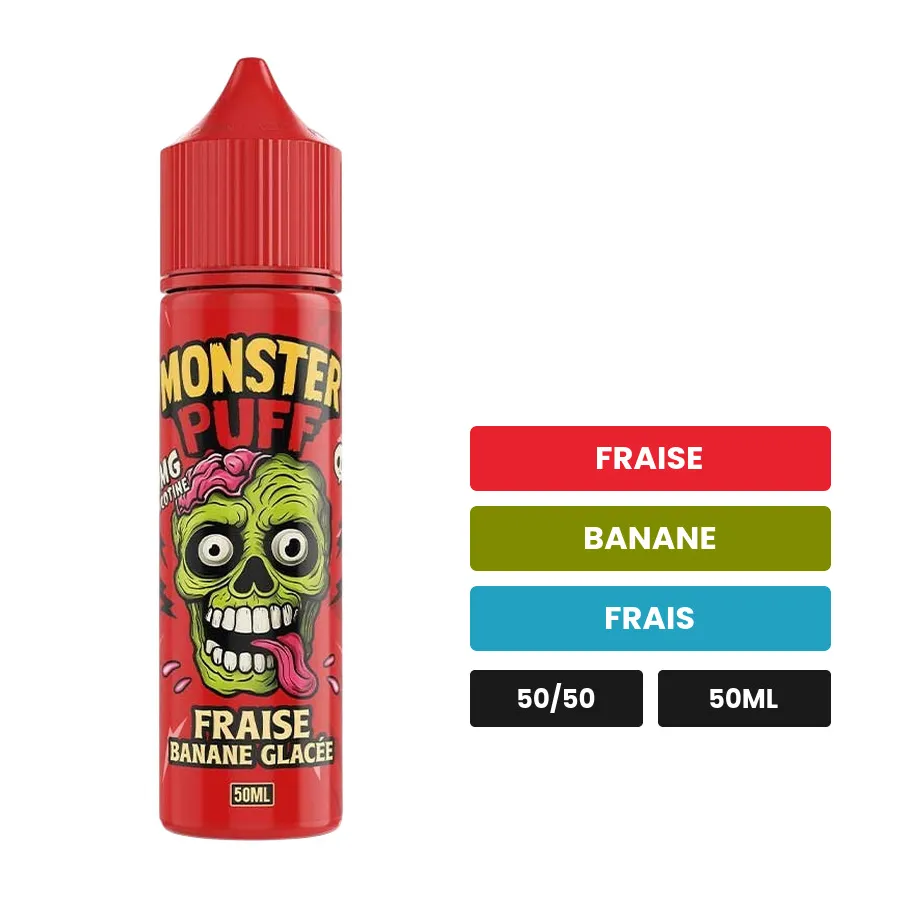 E-liquide Fraise Banane Glacée de Monster Puff, 50 ml, saveurs fraise, banane et frais.