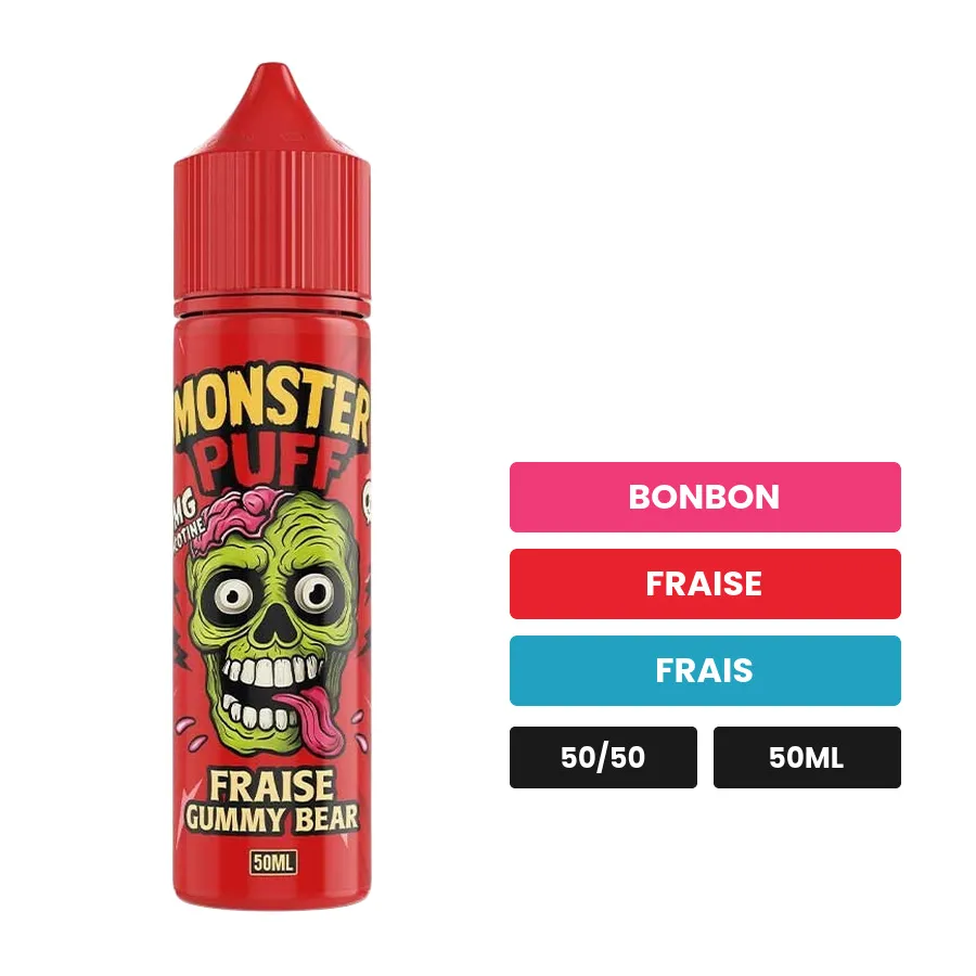 E-liquide Fraise Gummy Bear de Monster Puff, 50 ml, saveurs bonbon, fraise et frais.