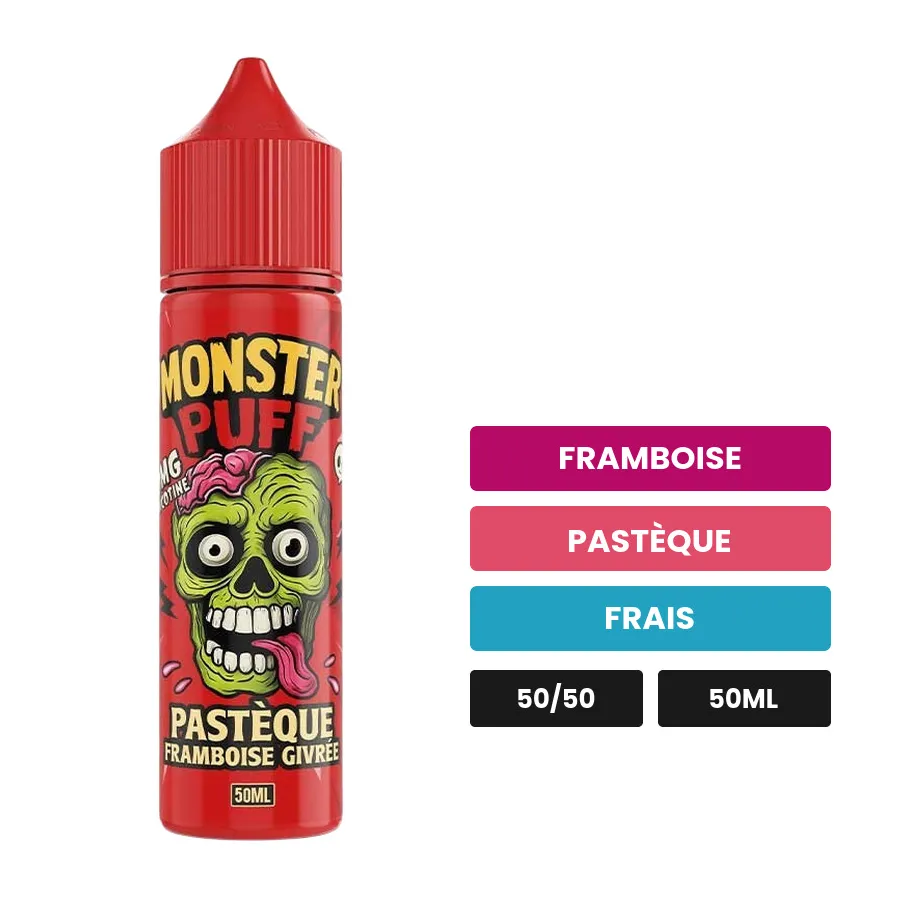 E-liquide Pastèque Framboise Givrée de Monster Puff, 50 ml, saveurs framboise, pastèque et frais.