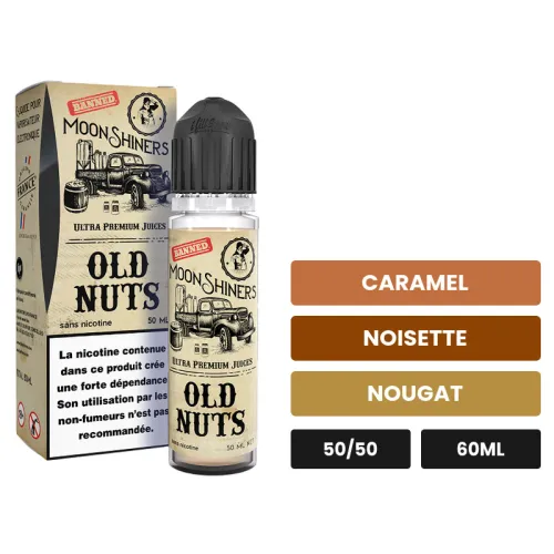 E-liquide Pack 50ml + 10ml Old Nuts Moonshiners Le French Liquide, 60 ml, saveurs caramel, noisette et nougat.