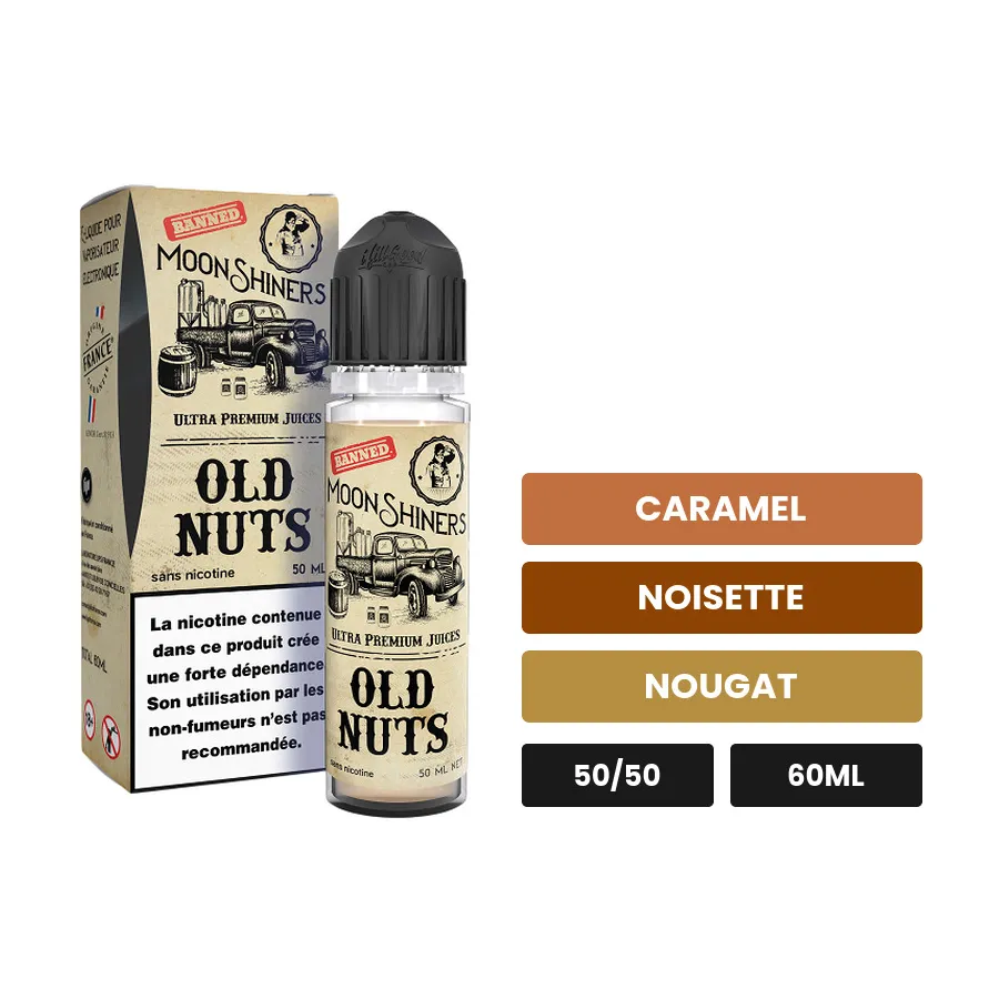 E-liquide Pack 50ml + 10ml Old Nuts Moonshiners Le French Liquide, 60 ml, saveurs caramel, noisette et nougat.
