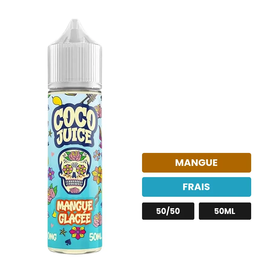 E-liquide Mangue Glacée de Coco Juice, 50 ml, saveurs mangue et frais.