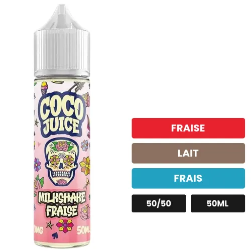 E-liquide Milkshake Fraise de Coco Juice, 50 ml, saveurs fraise, lait et frais.