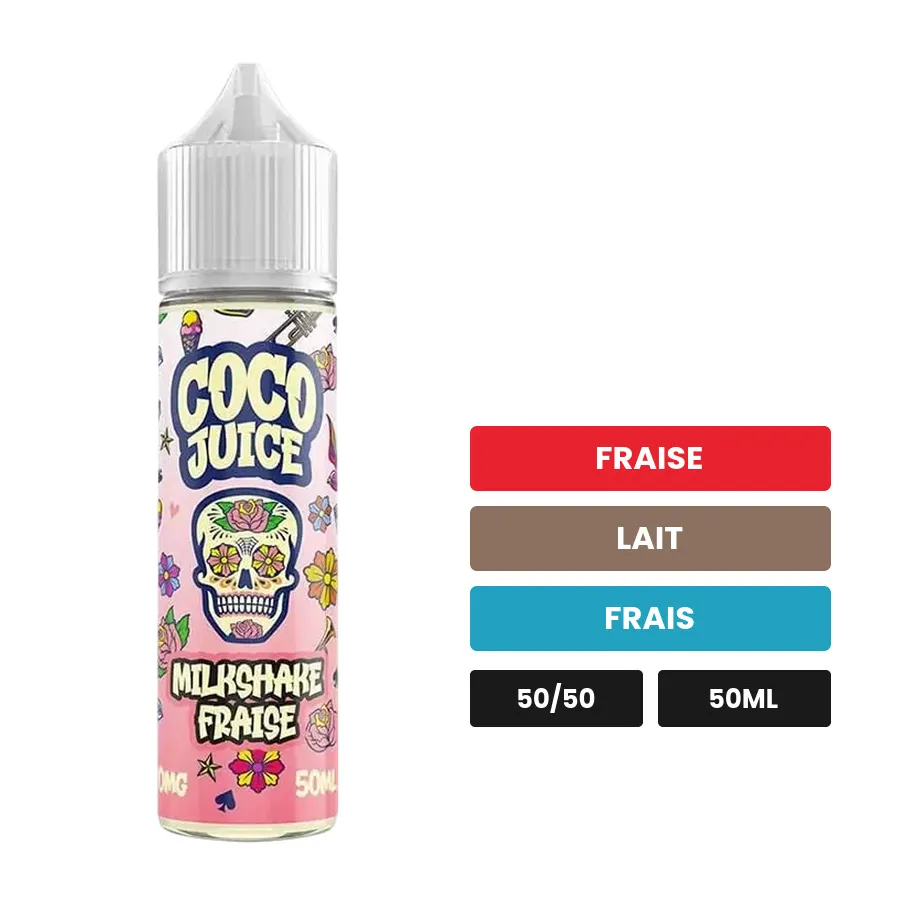 E-liquide Milkshake Fraise de Coco Juice, 50 ml, saveurs fraise, lait et frais.