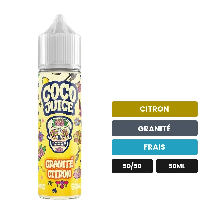 E-liquide Granité Citron de Coco Juice, 50 ml, saveurs citron, granité et frais.