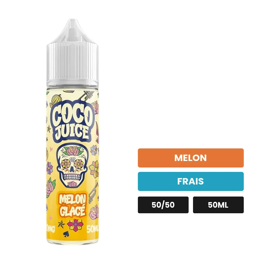 E-liquide Melon Glacé de Coco Juice, 50 ml, saveurs melon et frais.