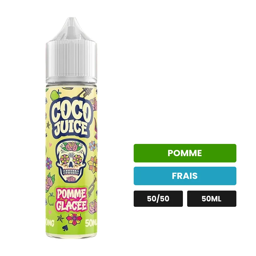 E-liquide Pomme Glacée de Coco Juice, 50 ml, saveurs pomme et frais.