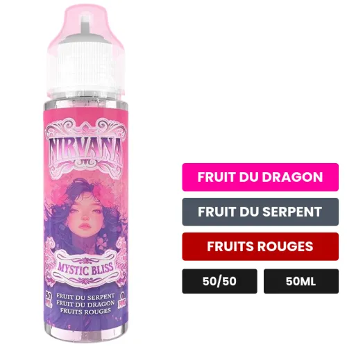 E-liquide Mystic Bliss de Nirvana, 50 ml, saveurs fruit du dragon, fruit du serpent et fruits rouges.
