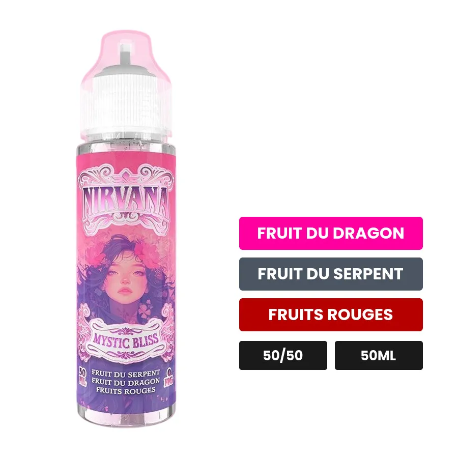 E-liquide Mystic Bliss de Nirvana, 50 ml, saveurs fruit du dragon, fruit du serpent et fruits rouges.