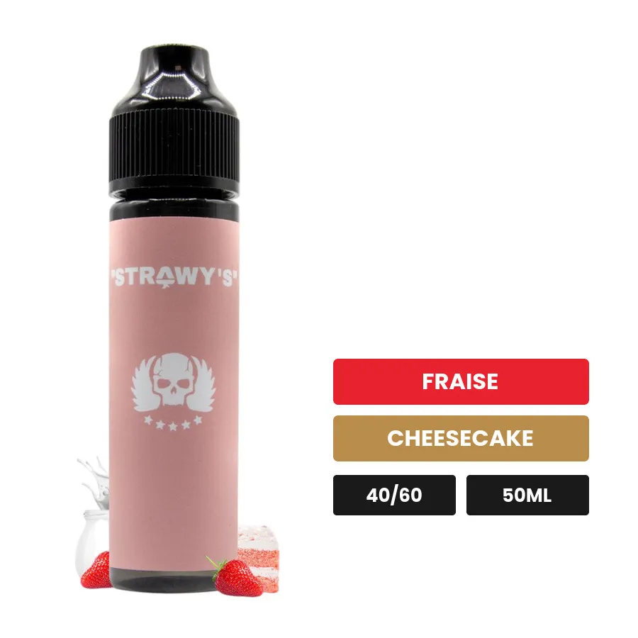 E-liquide Strawy's de Vns, 50 ml, saveurs fraise et cheesecake.