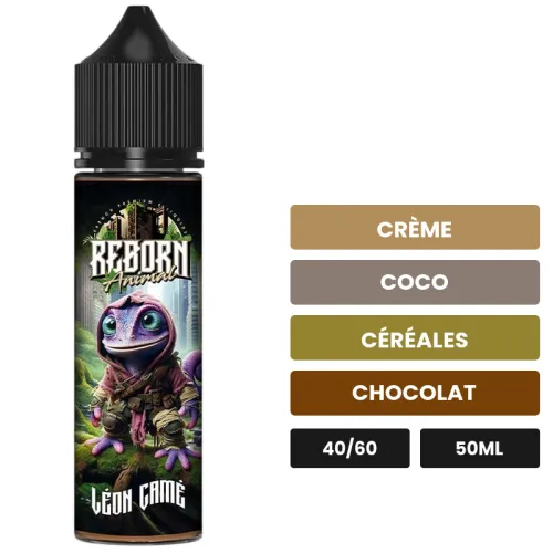 E-liquide Leon Came de Reborn Animal, 50 ml, saveurs crème, coco, céréales et 2 autres.