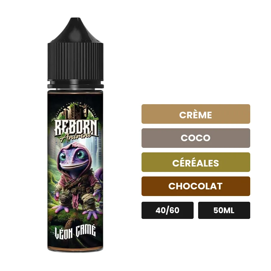 E-liquide Leon Came de Reborn Animal, 50 ml, saveurs crème, coco, céréales et 2 autres.