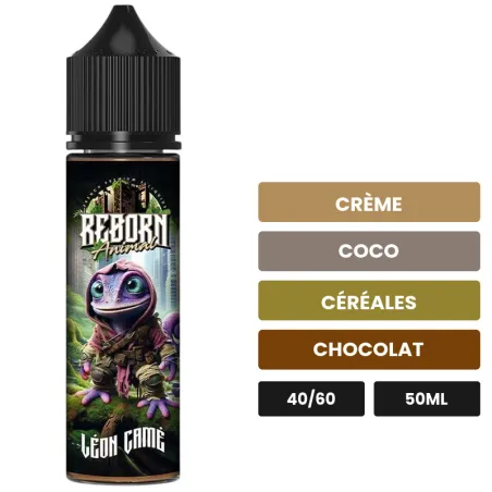E-liquide Leon Came de Reborn Animal, 50 ml, saveurs crème, coco, céréales et 2 autres.