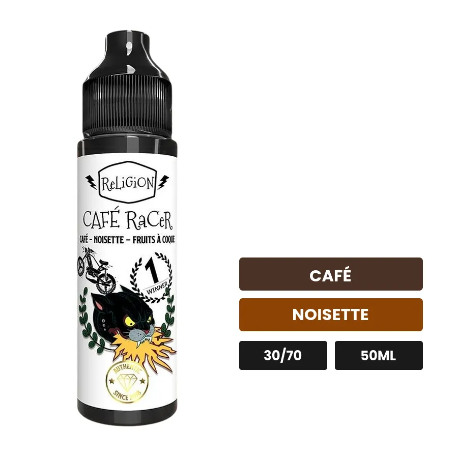 E-liquide Café Racer de Religion Juice, 50 ml, saveurs café et noisette.