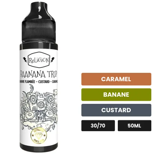 E-liquide Baanana Trip de Religion Juice, 50 ml, saveurs caramel, banane et custard.